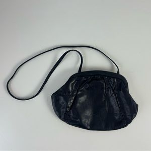 Vintages 1980's Black Leather Clamshell Slouchy Crossbody Handbag